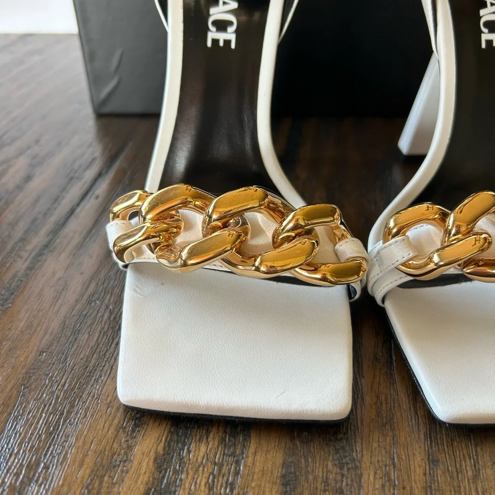 Versace Authentic White And Gold Medusa Chain Leather Sandals Heels Womens 8 - Picture 5 of 16